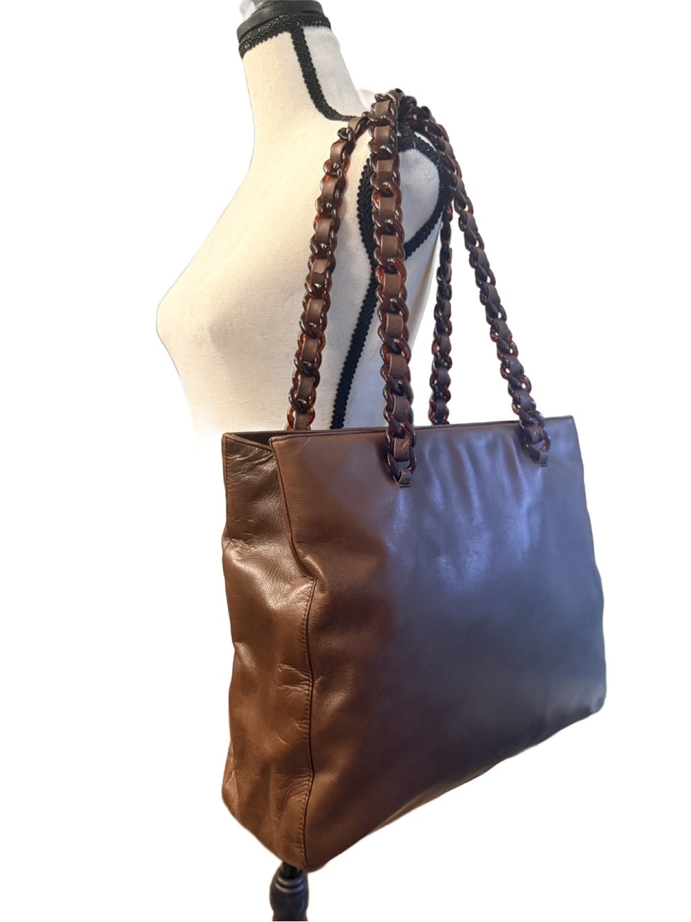 Prada Tessuto Nappa Leather Brown Tortoiseshell Chain Tote Bag w COA